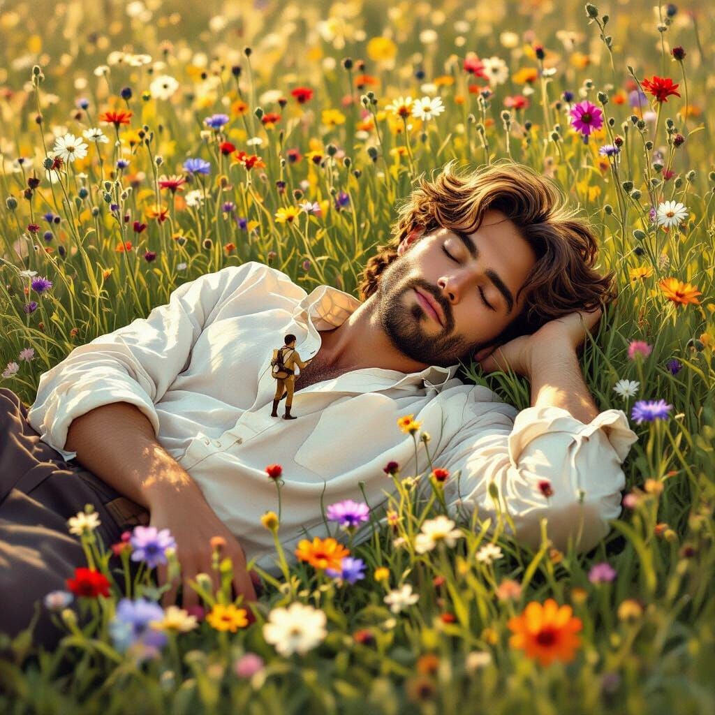 Tiny Explorer Discovers Sleeping Man in Floral Field