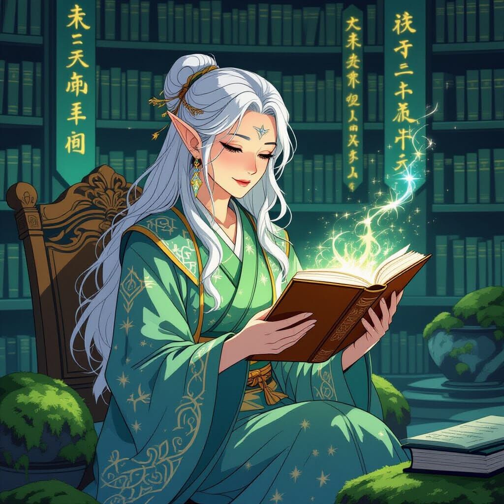 Wise Elf in Starlit Library, Ukiyo-e Style