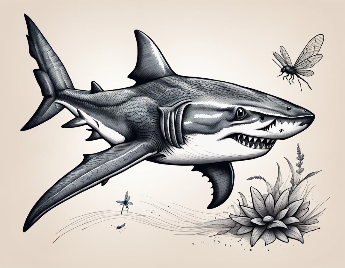 Shark with Dragonfly Wings in Cross-Hatching Style