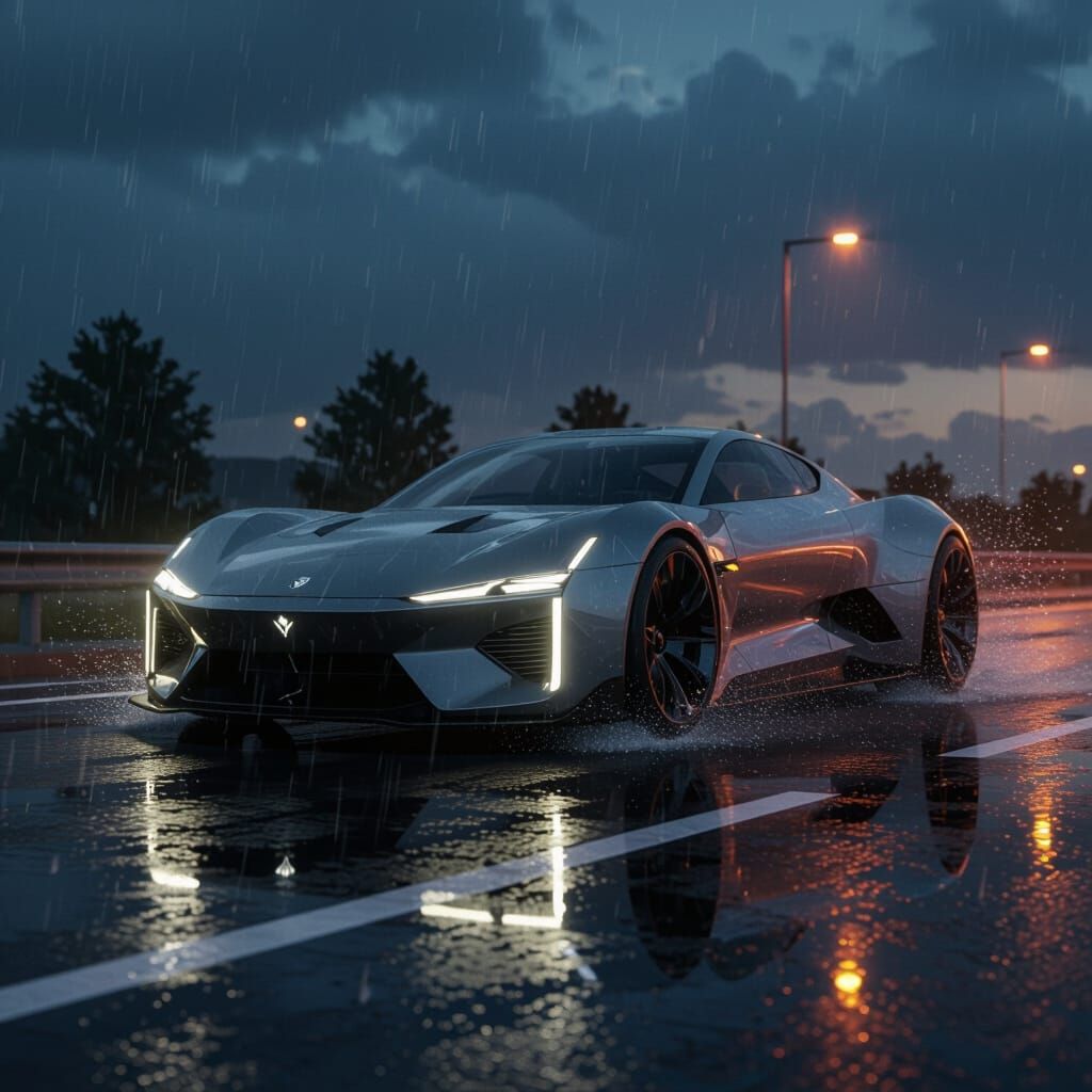 Futuristic Concept Car on Wet Highway at Dusk