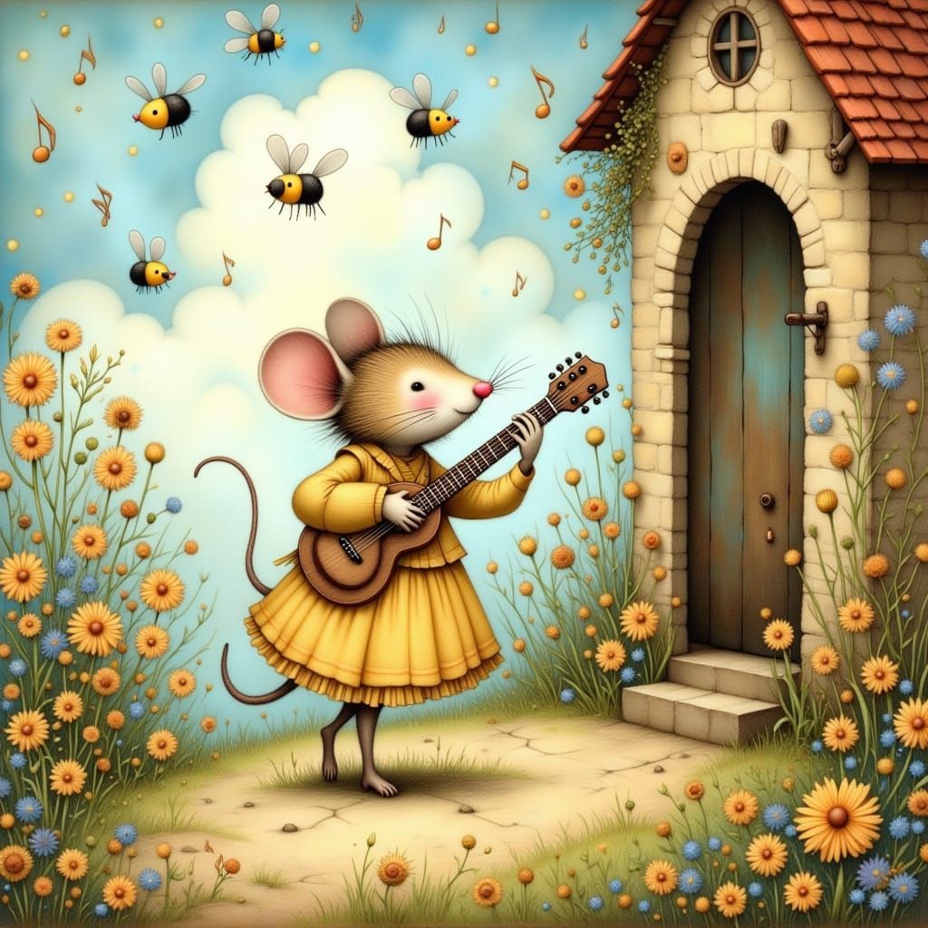 Whimsical Mouse Bard in Dreamy Garden