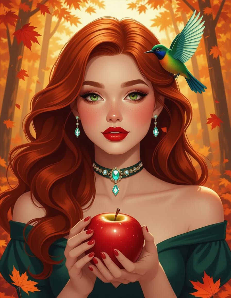 Glamorous Woman in Autumn Forest with Glowing Bird