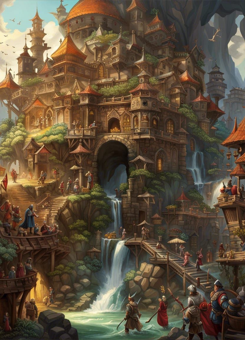 King Arthur and Knights at Watermill: Fantasy Art