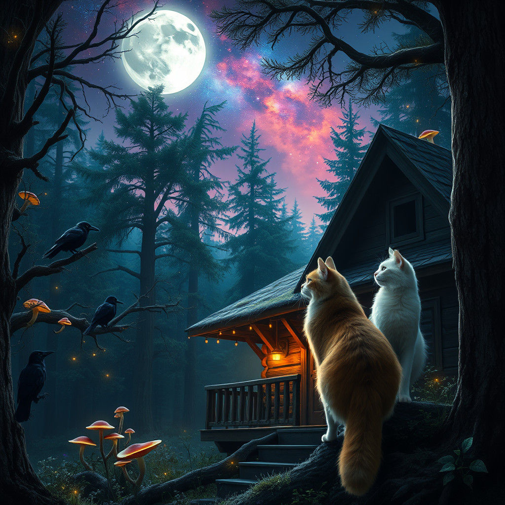 Mystical Forest Cabin with Cats and Crows