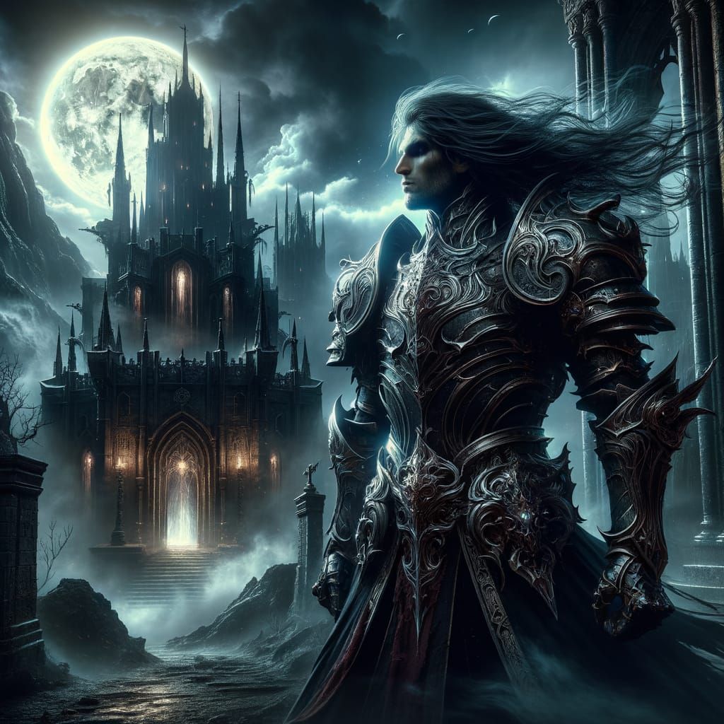 Majestic Warrior Before Gothic Castle in Moonlight