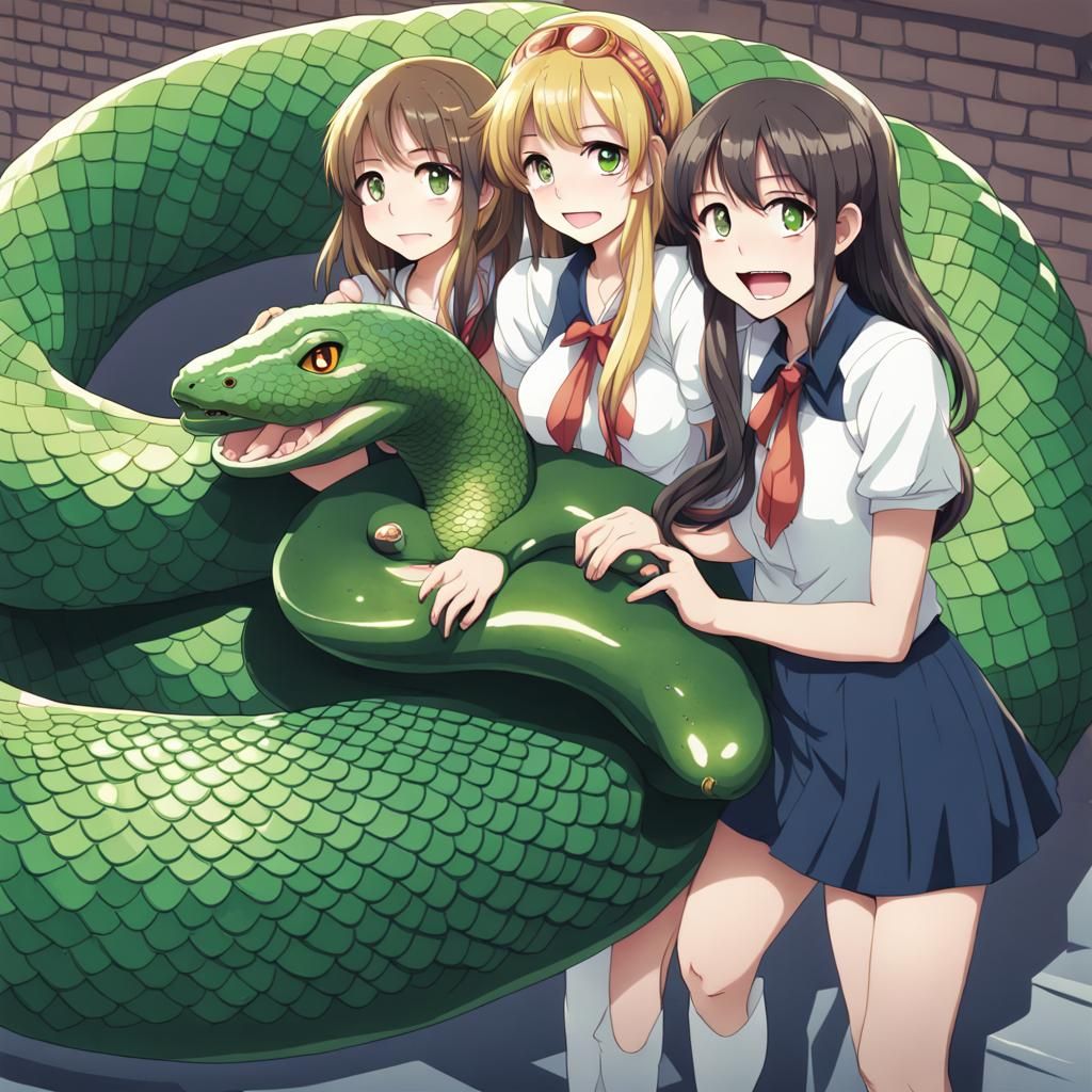 Anime Girls Holding Giant Green Anaconda