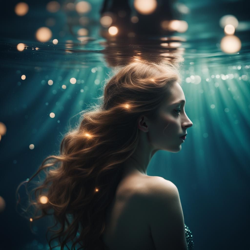 Mermaid in Deep Sea with Magic Lights