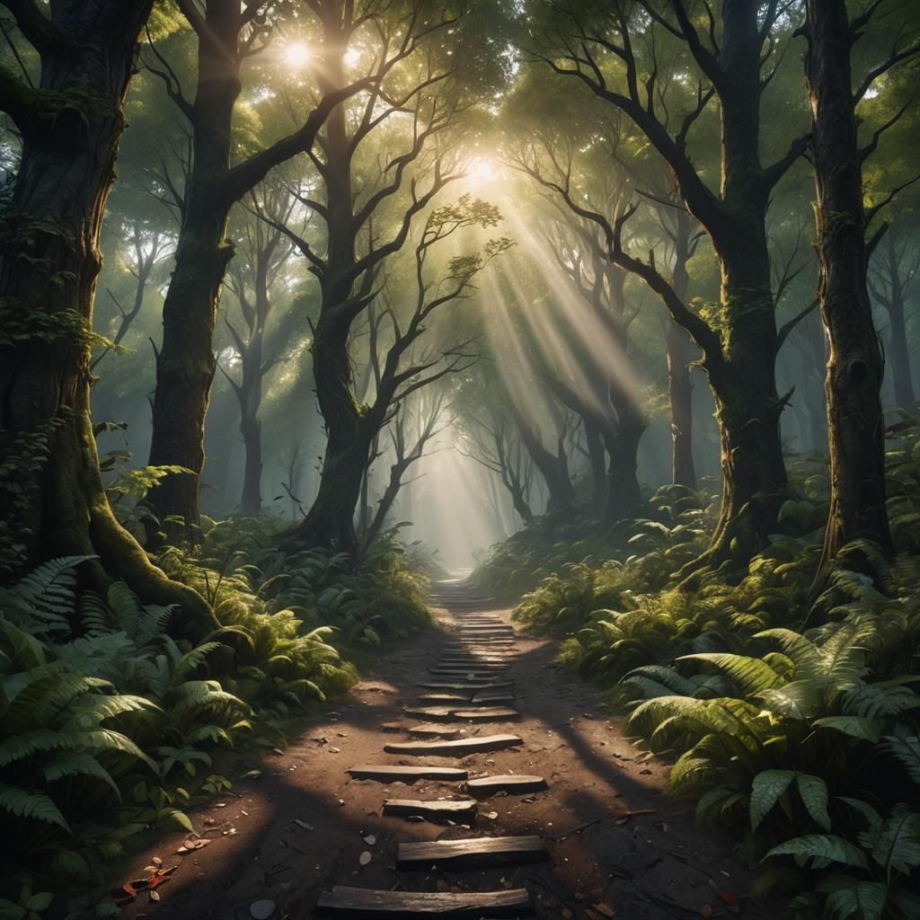 Sunlit Path Through Dark Forest, Fantasy Concept Art