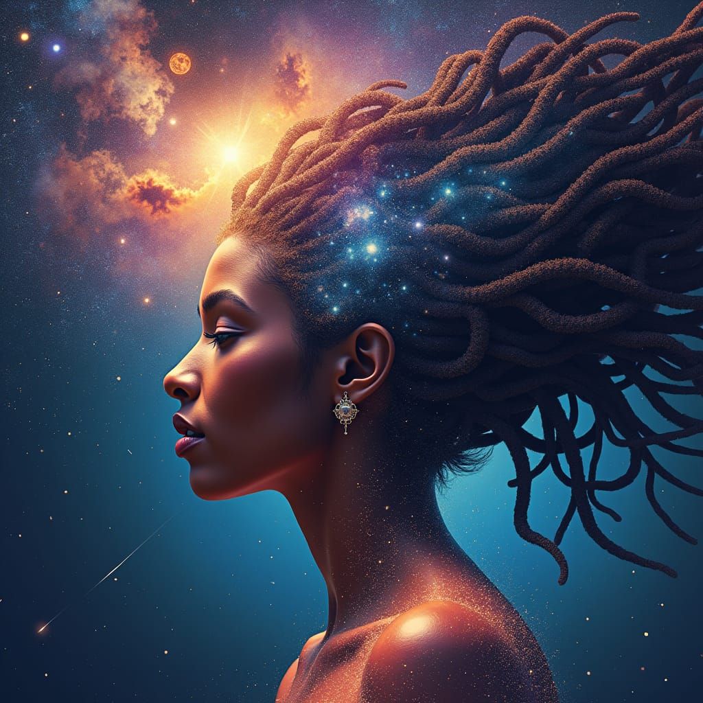 Cosmic Woman with Galaxy Hair in Holographic Style