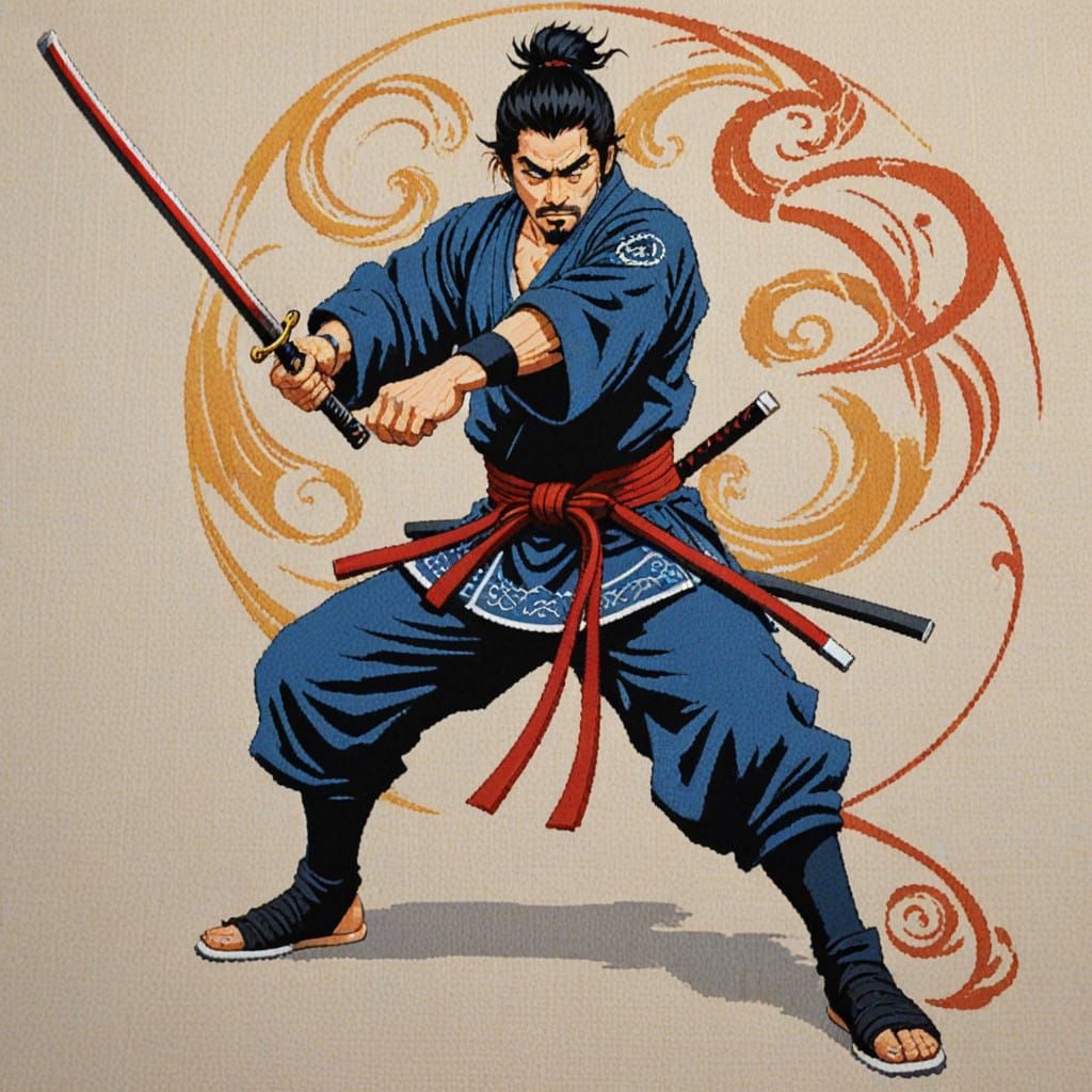 Surreal Anime Samurai in Dynamic Needlepoint Bushido Stance
