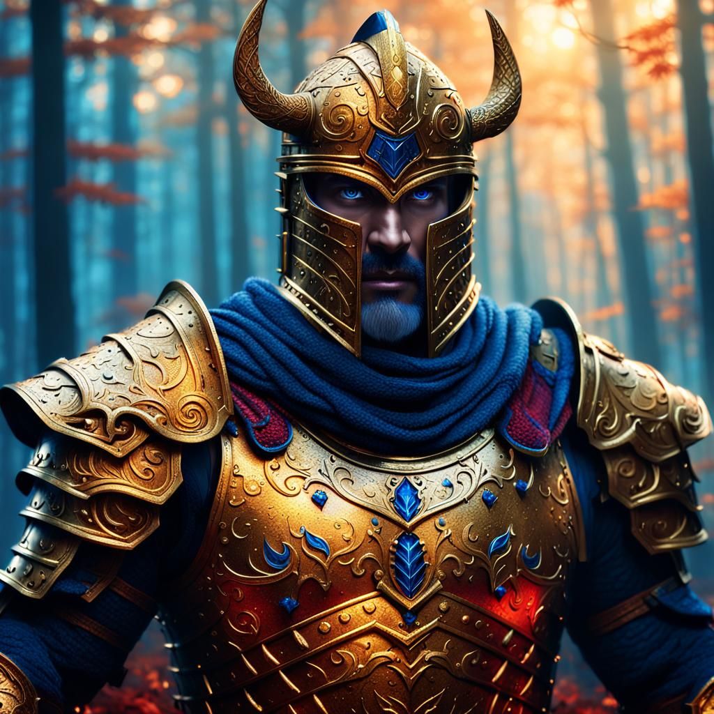 Golden Armor in Mystical Forest: Fantasy Concept Art