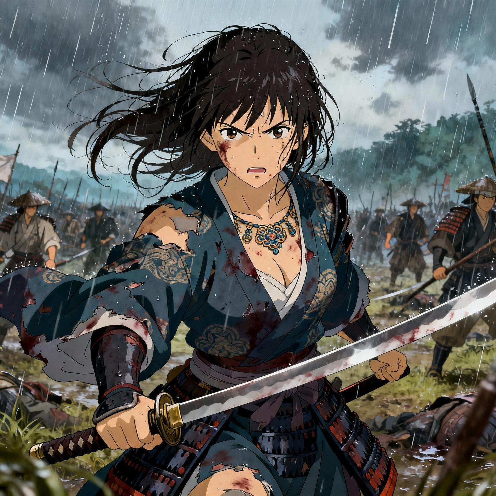 Samurai Woman on Rainy Battlefield in Anime Style