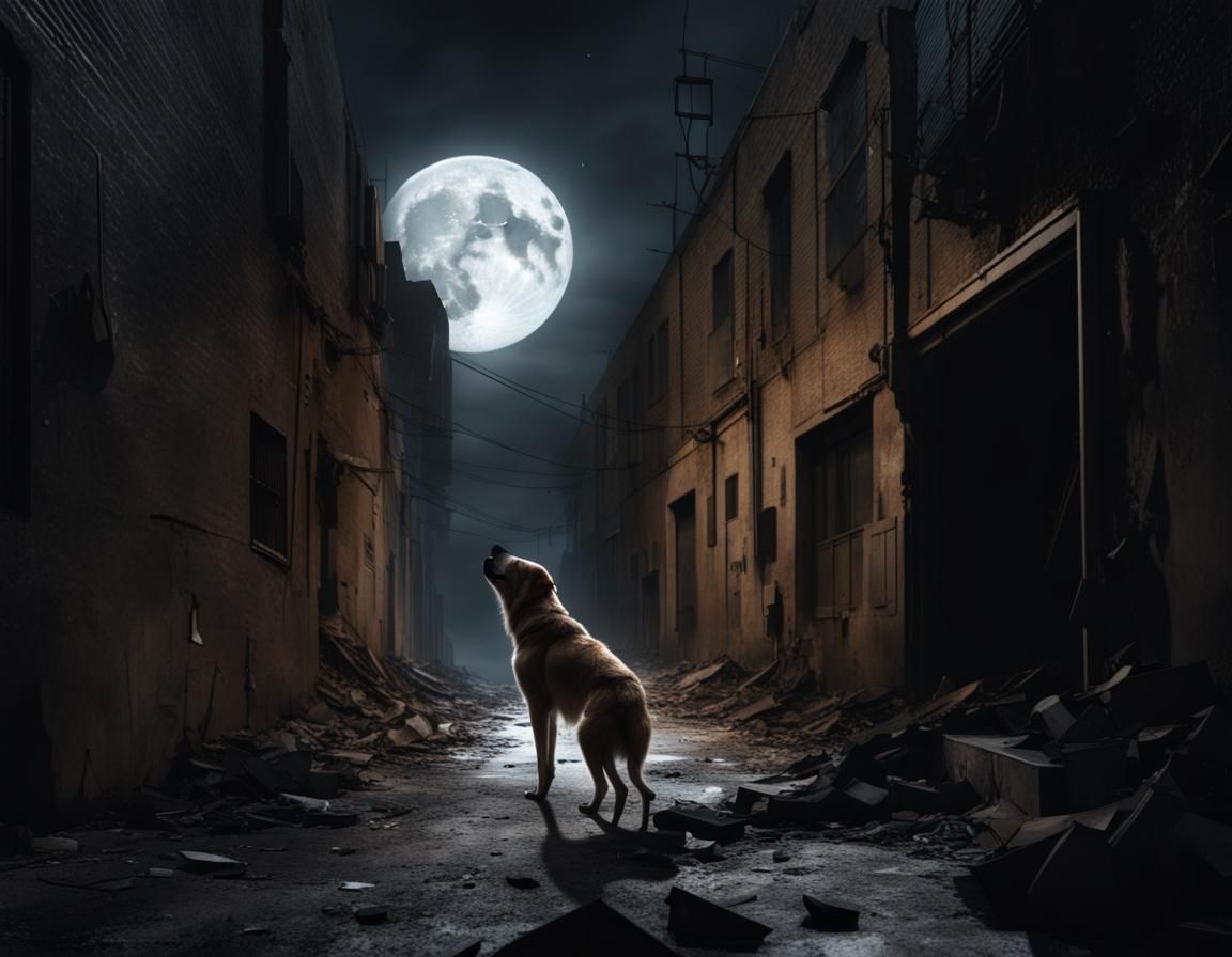 Mangled Stray Dog Howling at Moon: Matte Painting