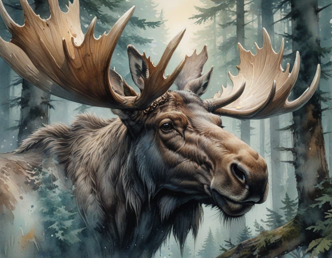 Majestic Moose Portrait in Watercolor Style