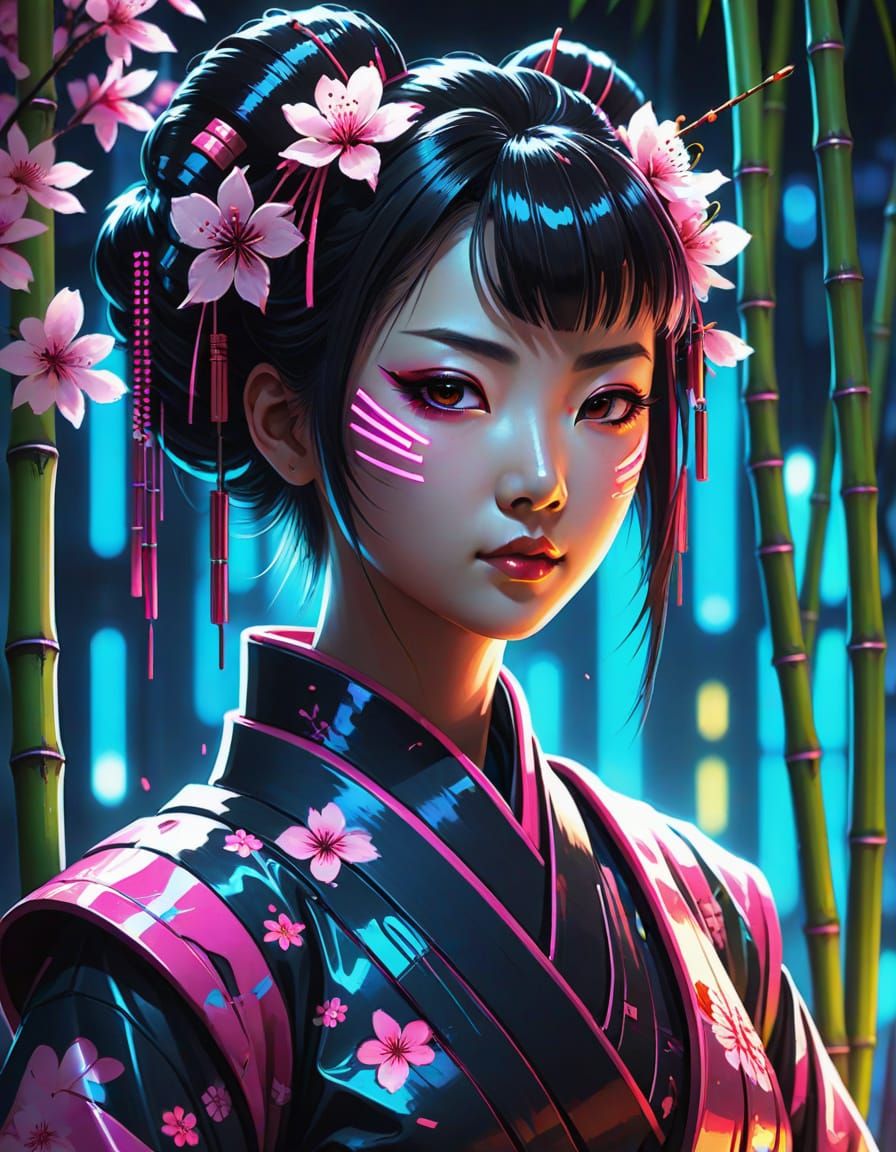 Cybernetic Geisha in Neon Cyberpunk Anime Portrait