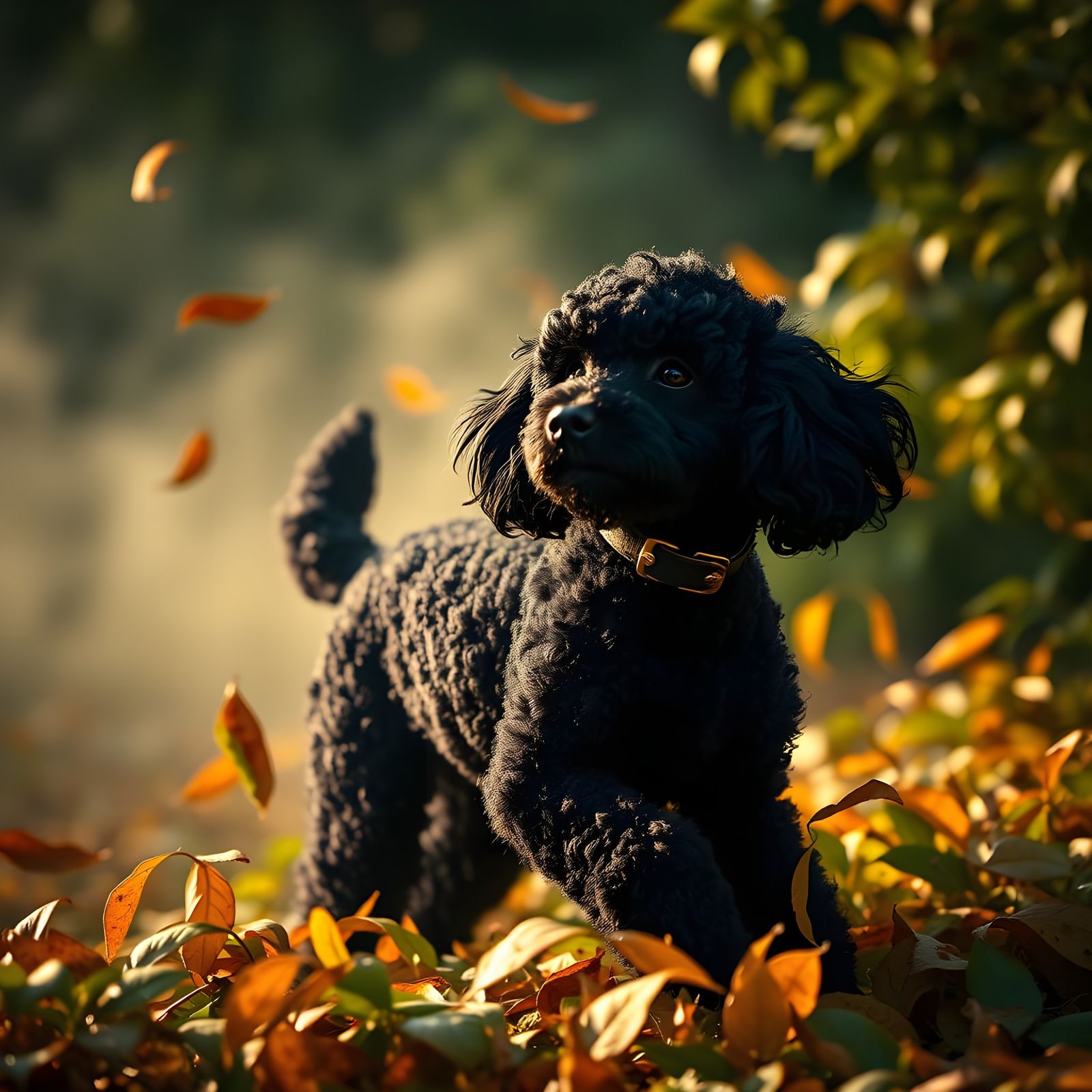 Ethereal Black Poodle in a Whirlwind of Golden Leaves