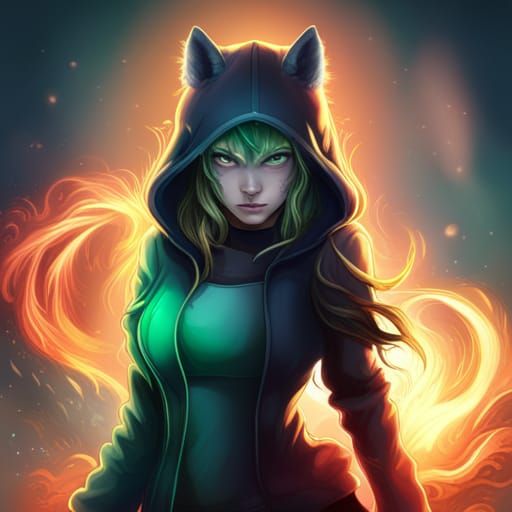 Anime Wolf Girl with Demon Wings and Glowing Eyes