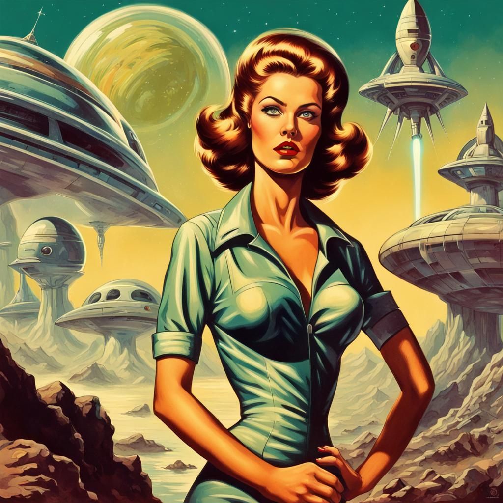Retro Futurism Heroine Fighting Aliens