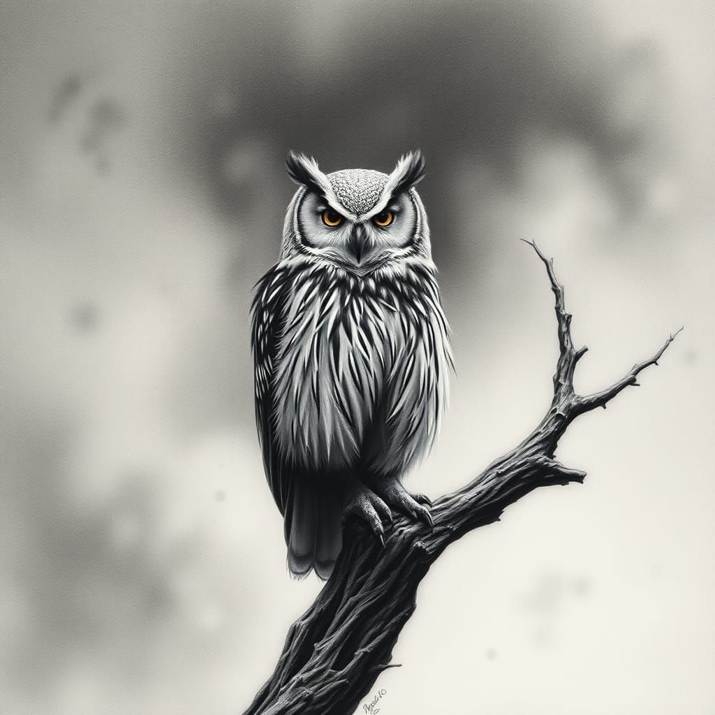 Majestic Owl Perched on a Gnarled Branch in Charcoal Drawing...