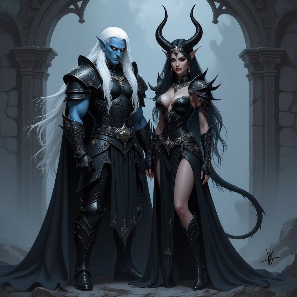 Dark Elf and Demon Queen in Fantasy Art Style
