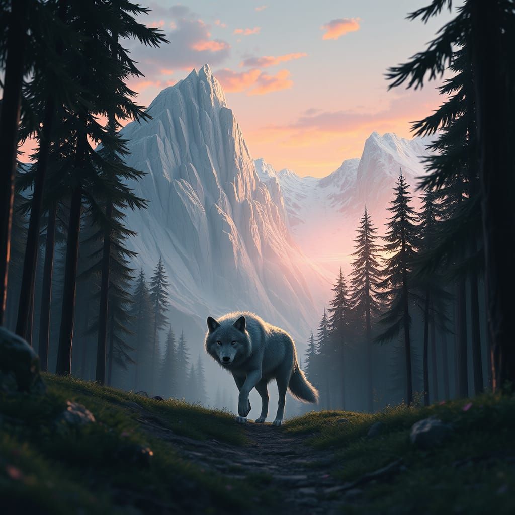 Wolf Walks Through Forest at Dusk: Anime Art