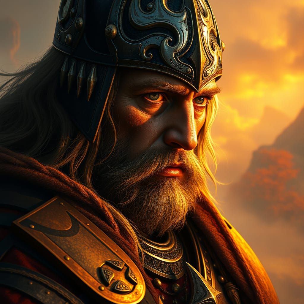 Regal Warrior in Hyperrealistic Fantasy Landscape