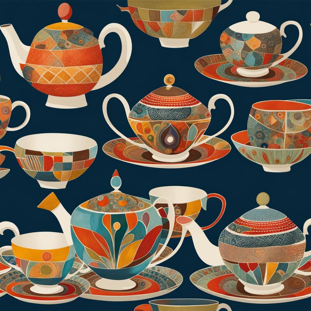 Vintage Tea Set with Abstract Modern Art