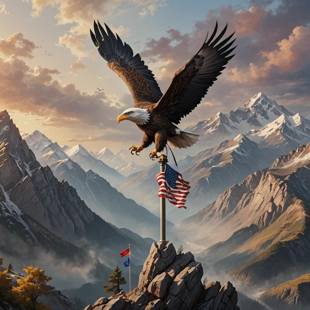Eagle Soaring Above Mountain Flagpole: Hyperrealistic Art