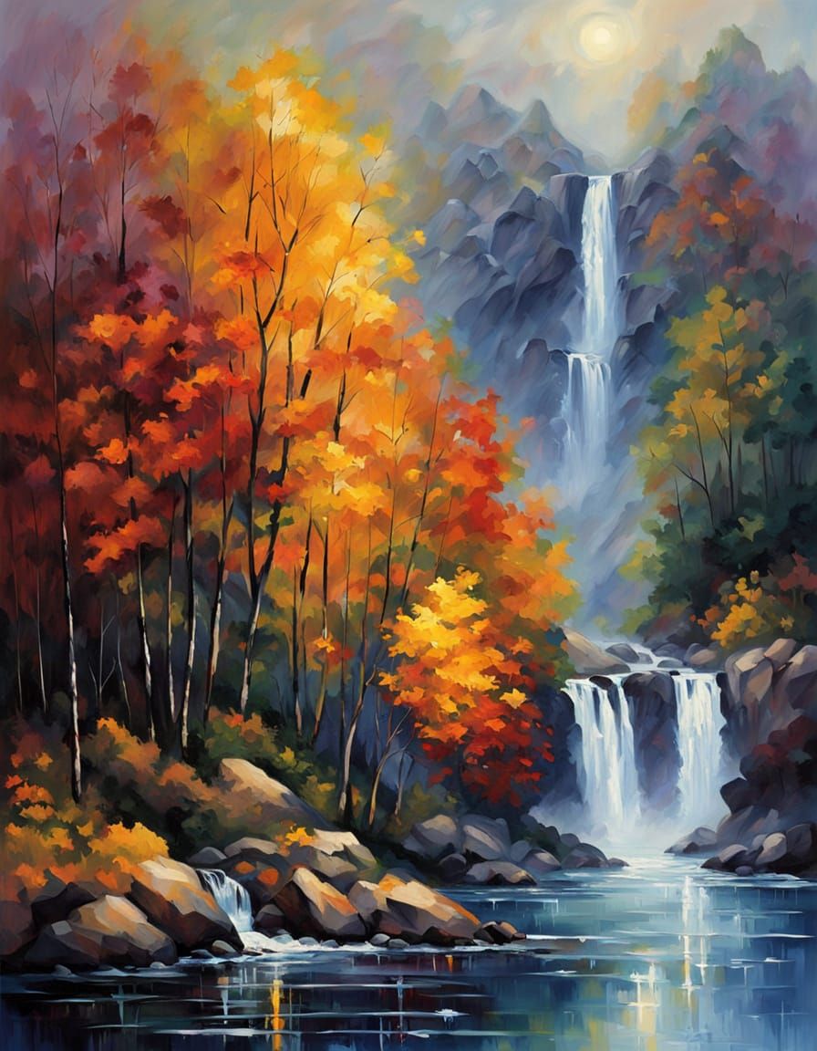 Majestic Autumn Waterfall Under Starry Indigo Sky