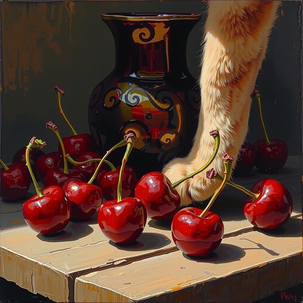 Impasto Still Life: Antique Jug, Cherries, and a Cat's Paw