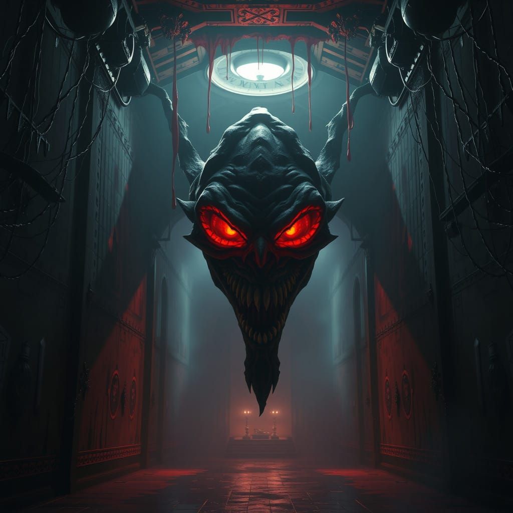 Foreboding Dark Fantasy Creature in a Haunting Hallway