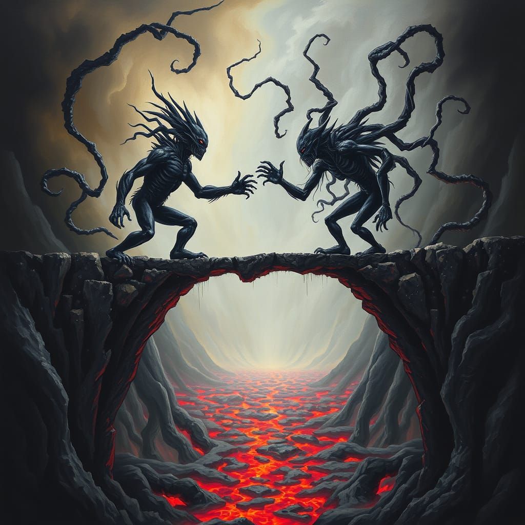 Epic Battle Over Lava in Surreal Acrylic Style