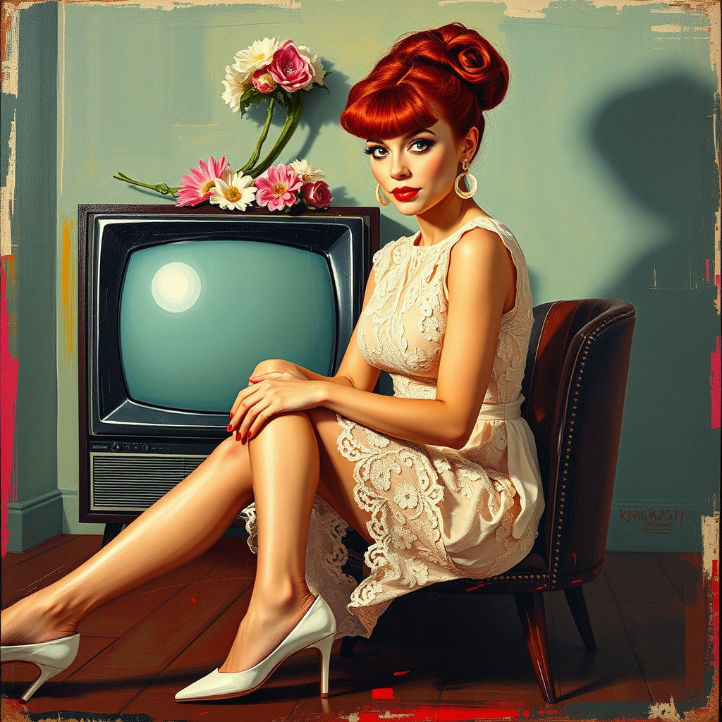 Vintage Woman with TV in Abstract Expressionist Style