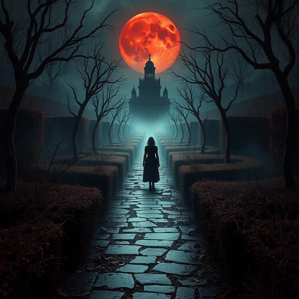 Gothic Garden Maze Under Crimson Moon