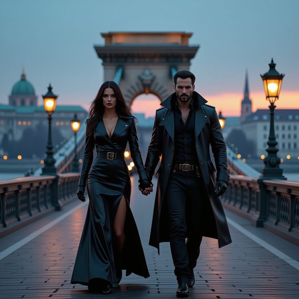 Vampire Couple on Budapest's Chain Bridge in Cinematic Style