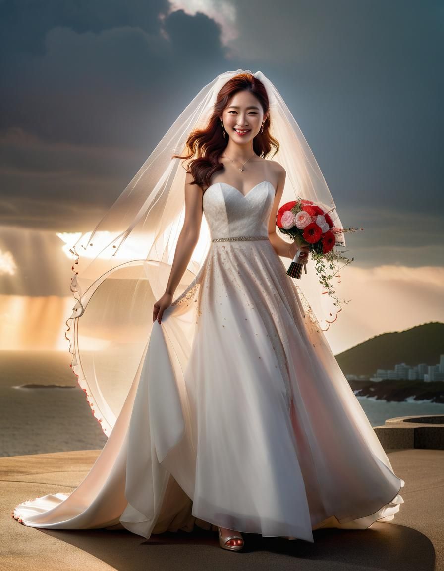Korean Woman in Wedding Dress: Chiaroscuro Oil Portrait