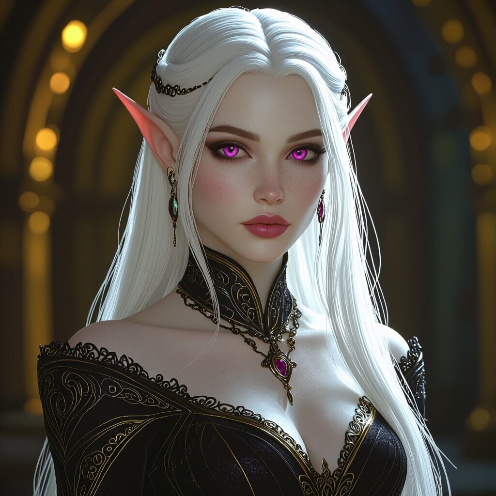 Elegant Albino Drow Elf in Vibrant Cinematic Style