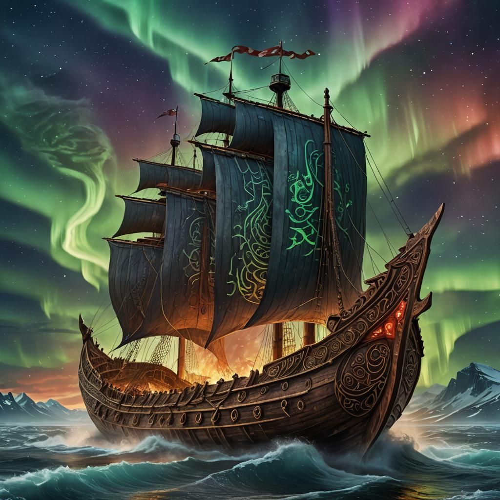 Viking Longship Spaceship Against Northern Lights Sky