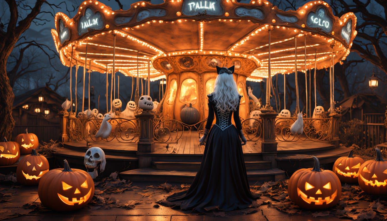 Haunted Carousel with Spooky Halloween Figures