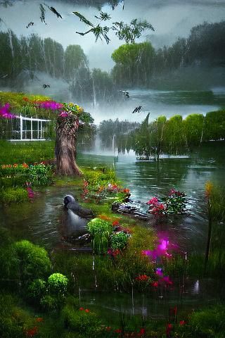 Lush Garden with Lake in Unreal Engine Style