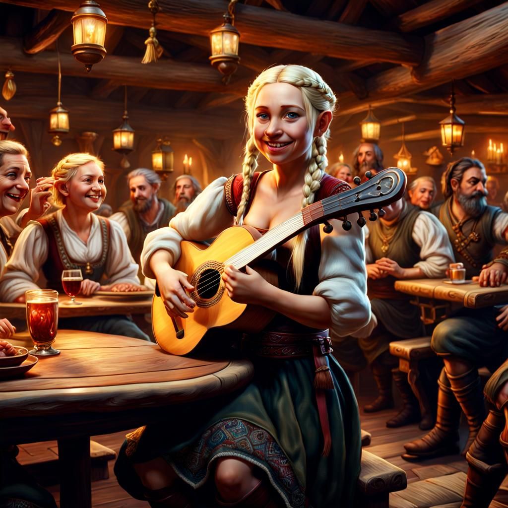Halfling Bard's Tavern Performance in Hyperrealism