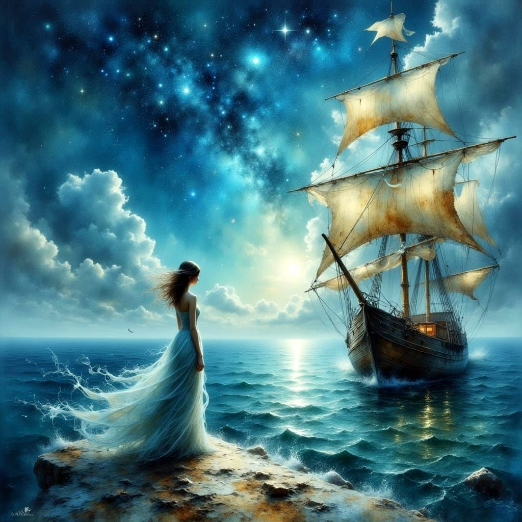 Woman on Ship in Starry Ocean: Watercolor Style