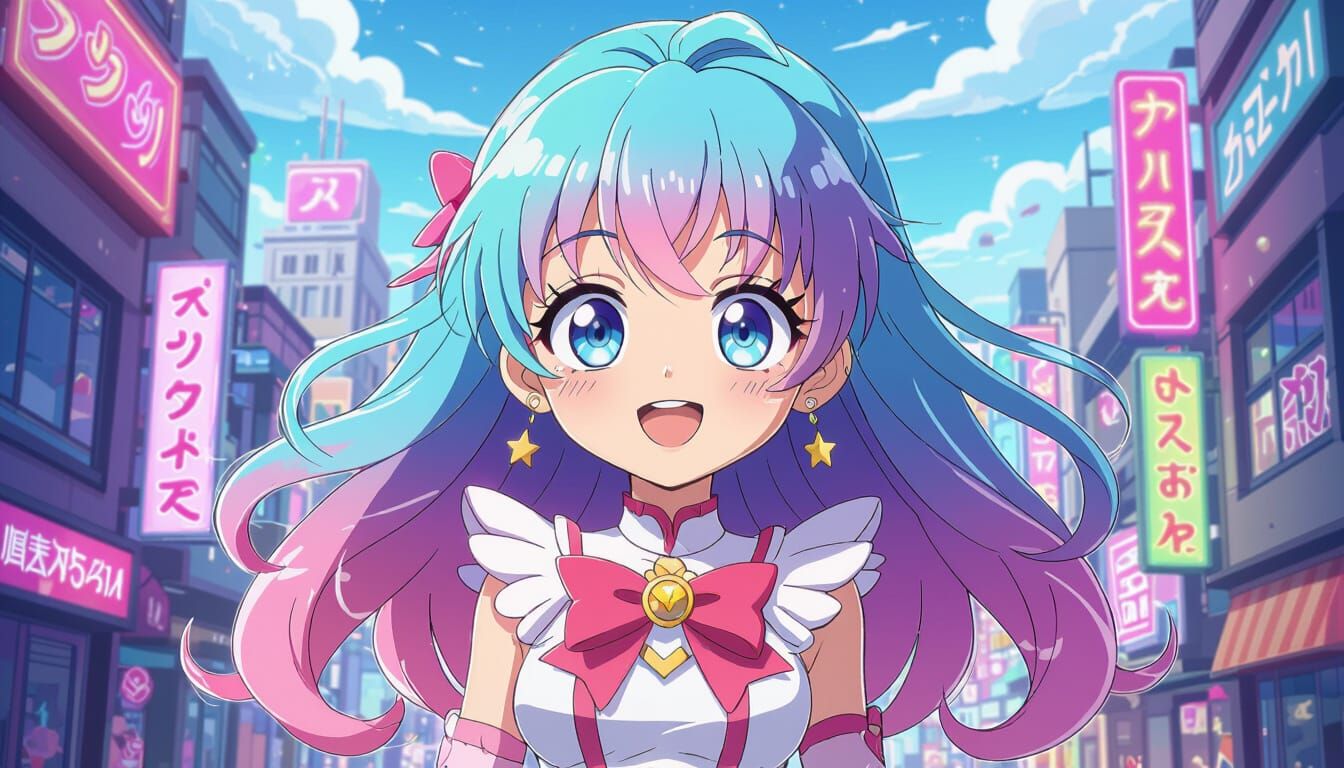 Anime Magical Girl in Cel-Shaded Vector Art Style