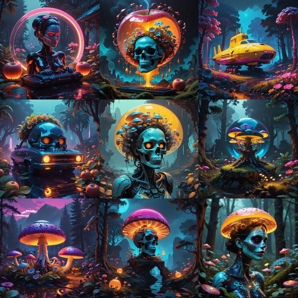 Neon Retro Fantasy Scroll with Mushrooms, Skull, and Fruits