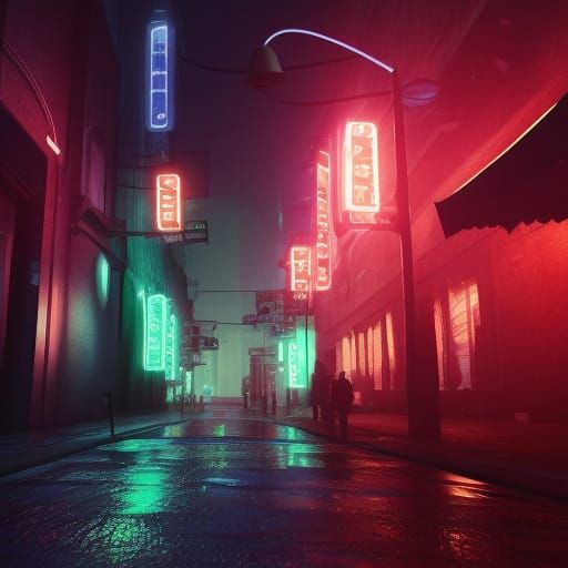 Neon Lit Dark City Street in 8K Realism