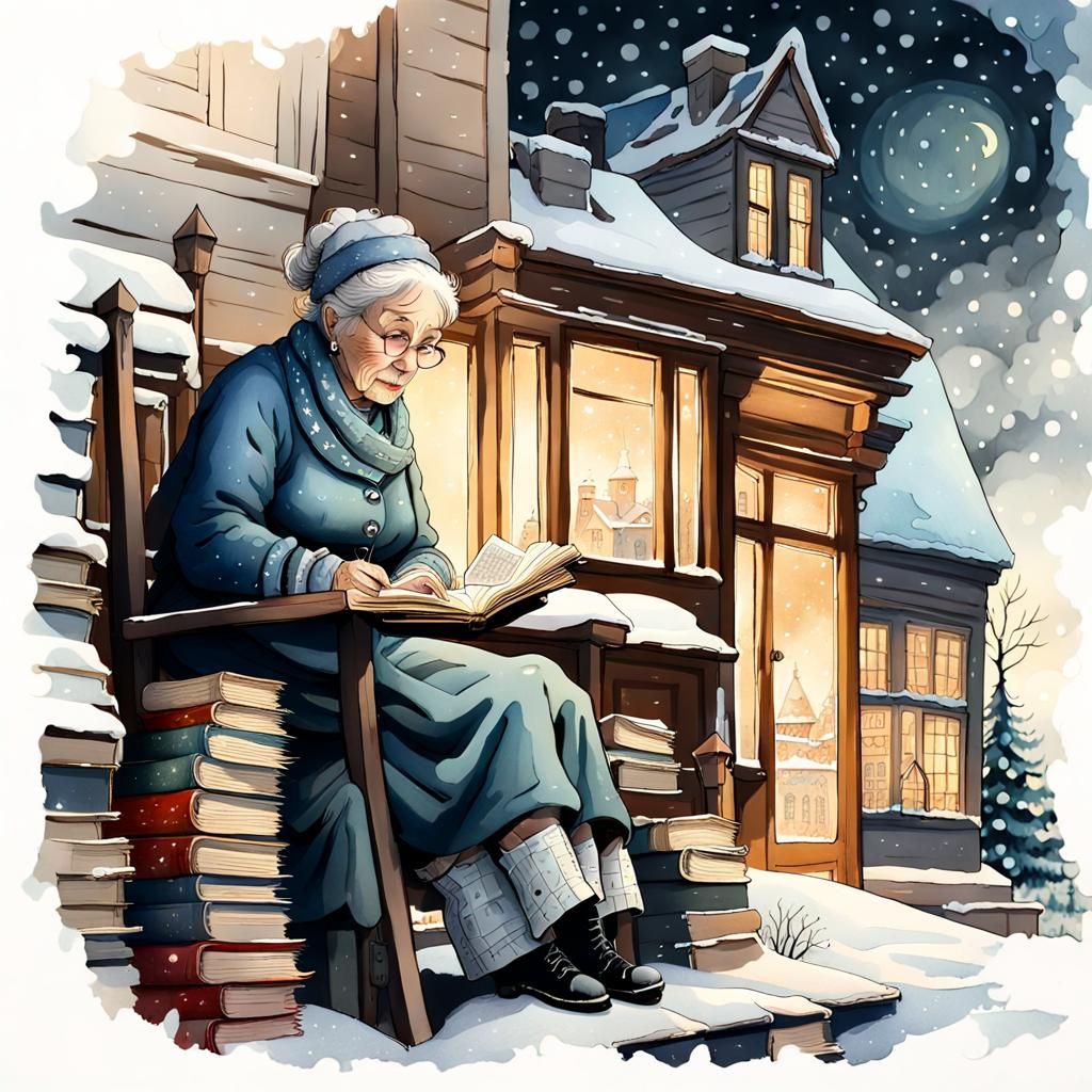 Festive Winter Night: Woman in Book House