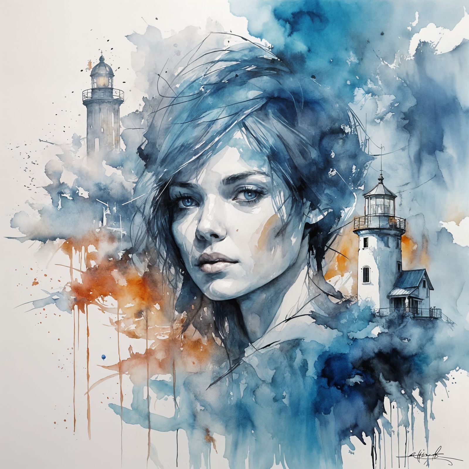 Gradient Blue Seascape with Lighthouse in Watercolor Style