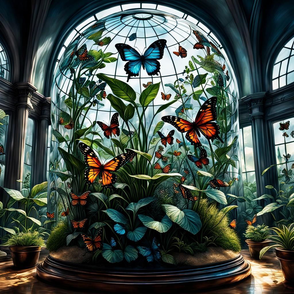 Hyperrealistic Glass Dome with Butterflies and Plants