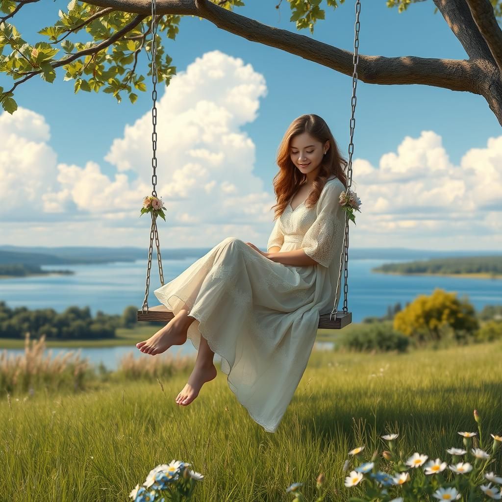 Woman on Flower Swing in Dreamy Landscape
