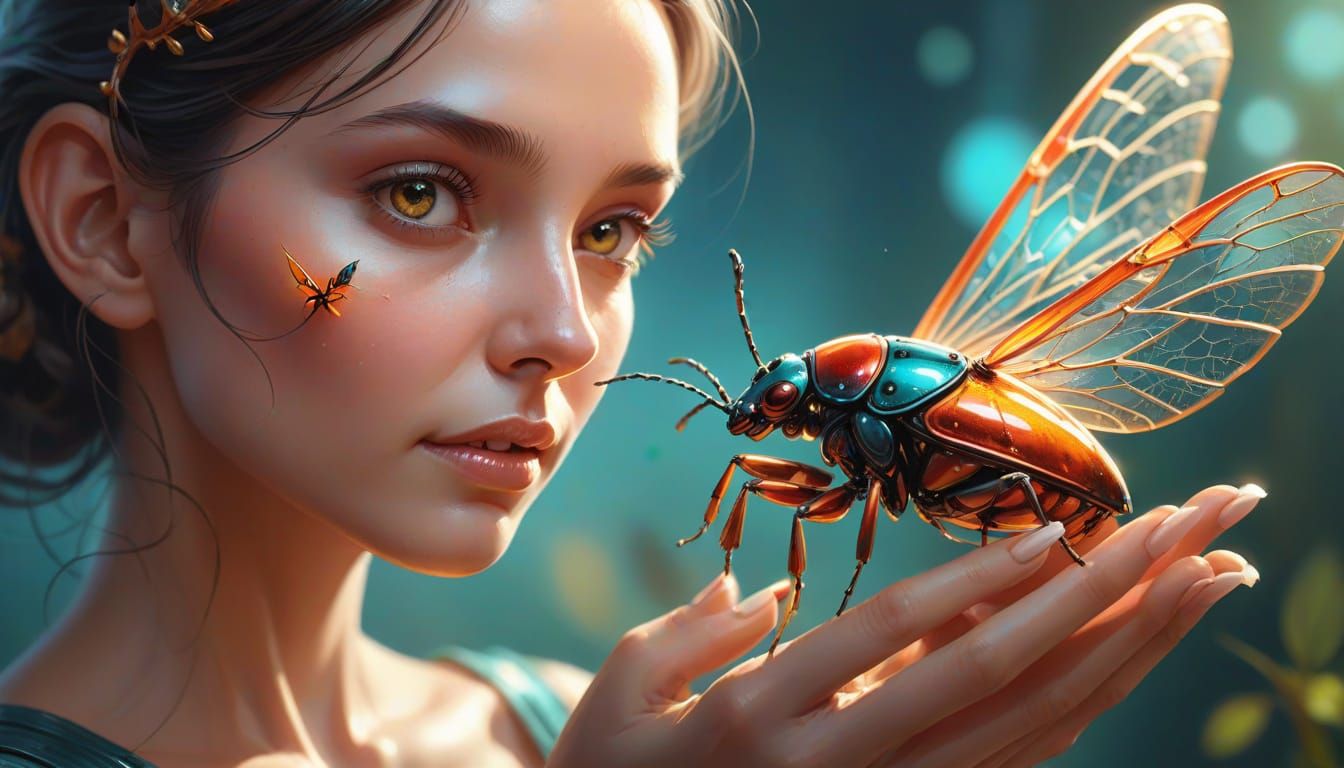 Woman Holding Bug in Vibrant Digital Art Style